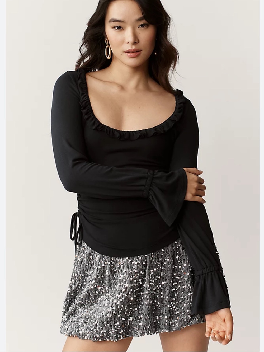 NWT Anthropologie Maeve Black Ruffle Scoop Neck Long-Sleeve Top